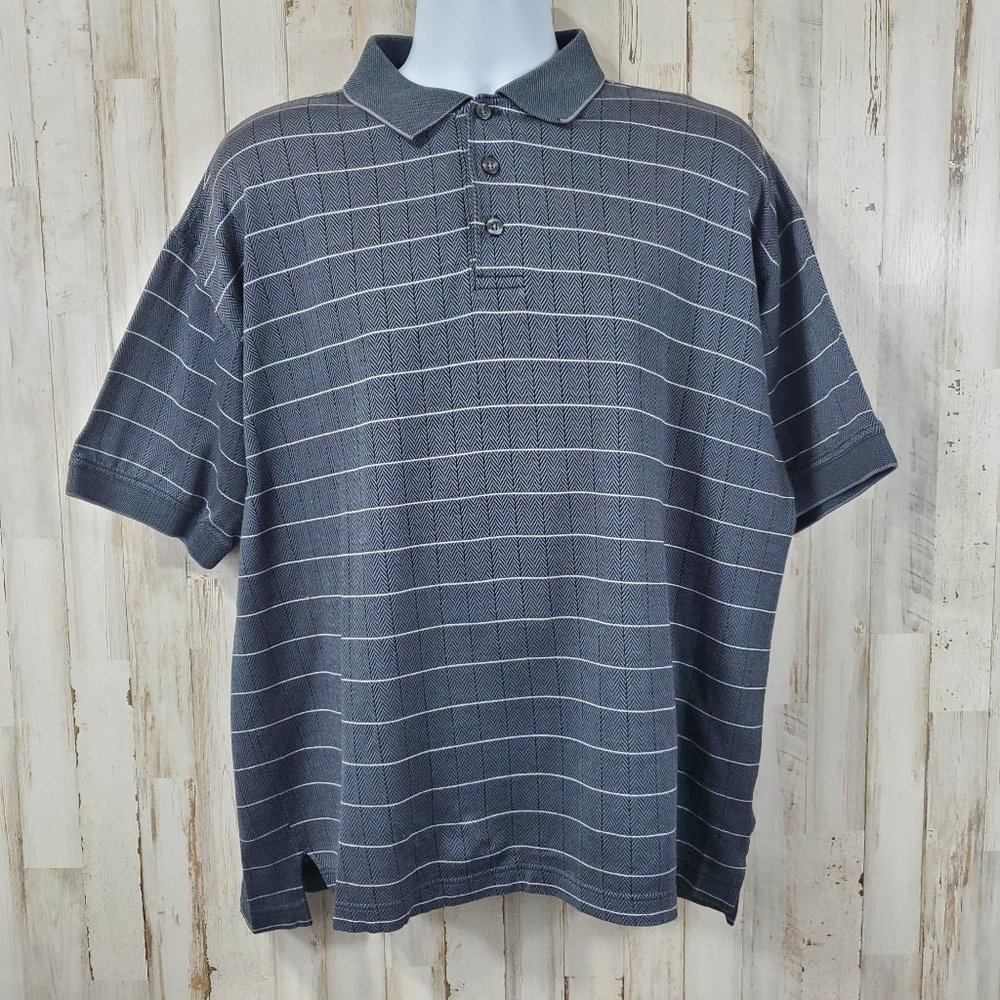 5/$25 International Waters Golf Polo Shirt L Gray Striped Mercerized Cotton